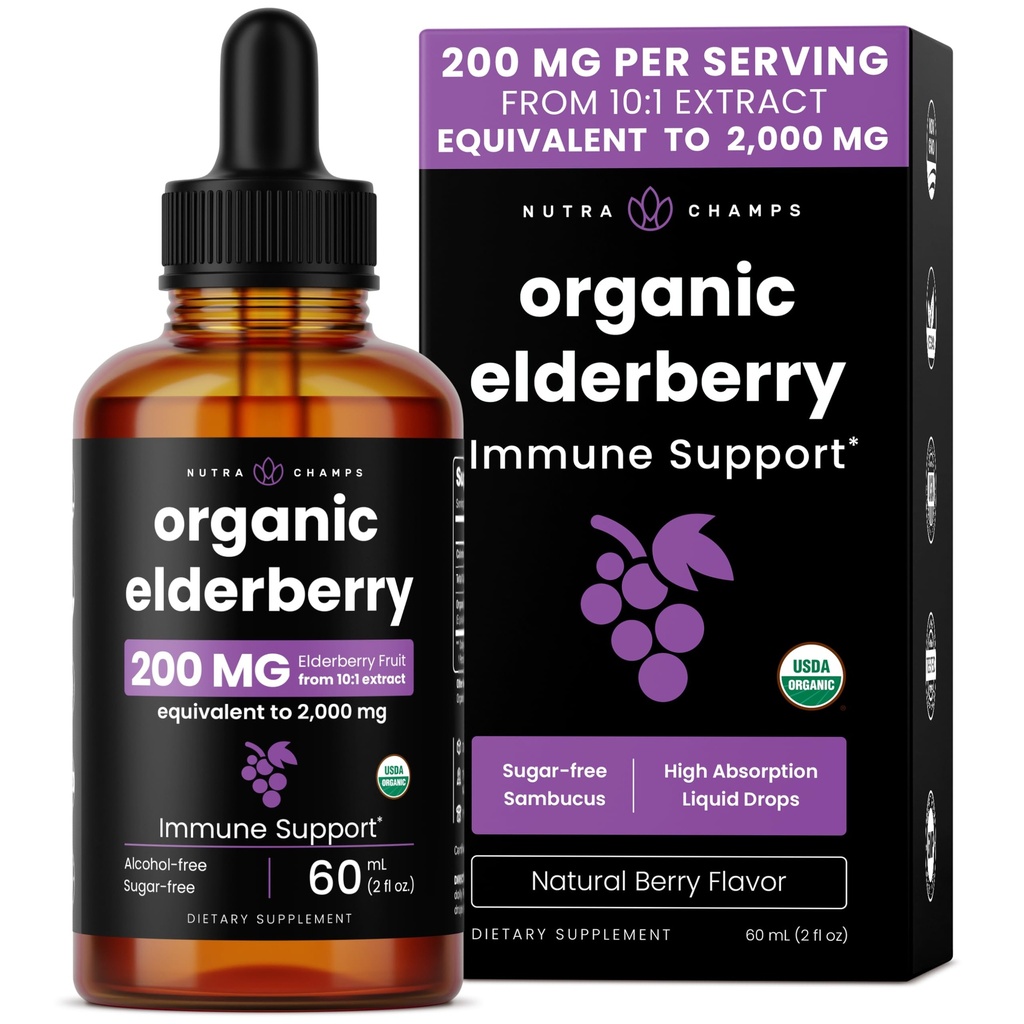 NutraChamps Black Elderberry Syrup, Potent 2000mg 10:1 Extract Sambucus Elderberry Syrup Antioksidant, Drops Berry Flavor, Flytende Elderberry ekstrakt sukker-fri 2oz, Immun støtte