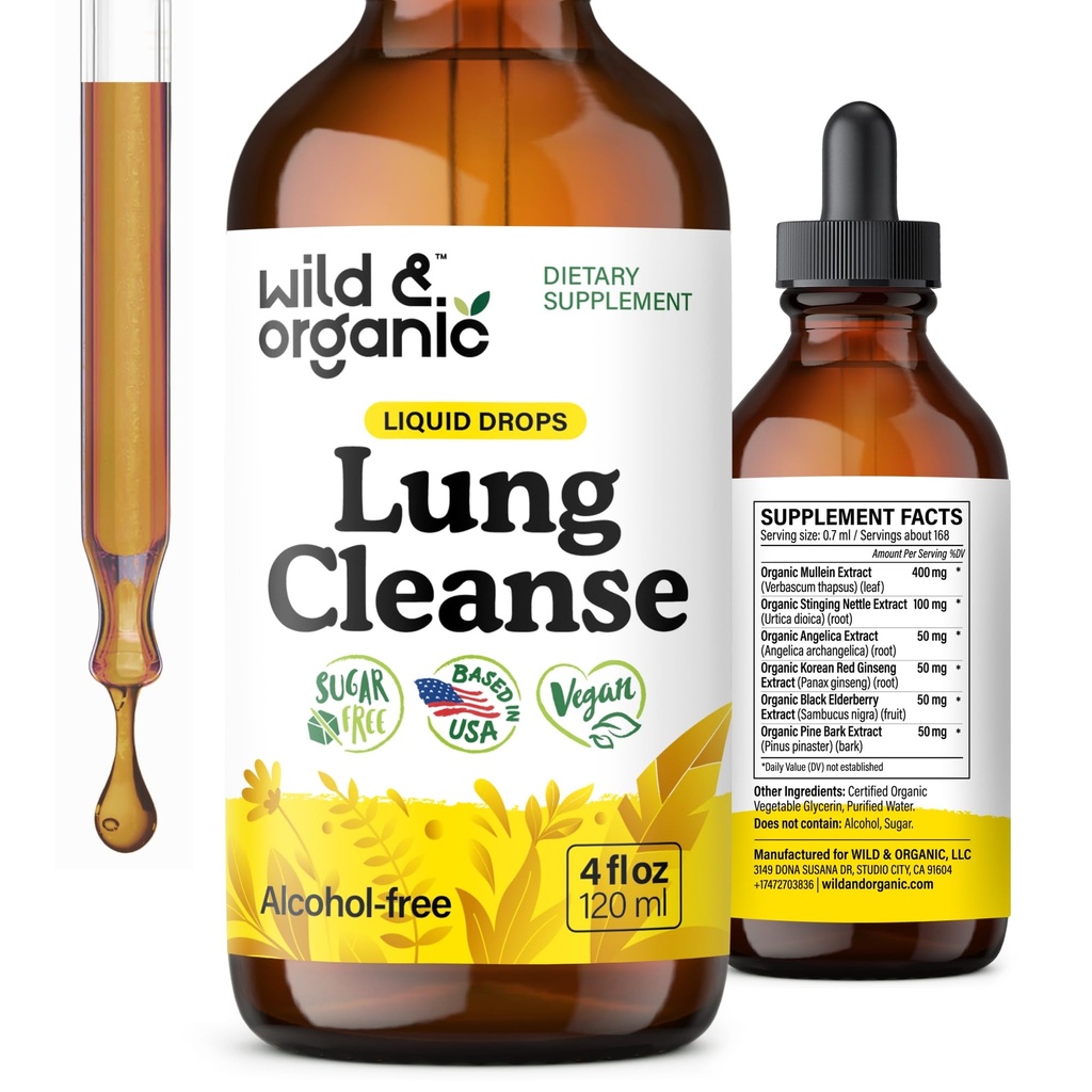 Wild & Organic Lung Cleanse Detox Tinktur - Mullein Drops for Lungs - Herbal Mullein Extract Supplement - Vegan, alkoholfri dråper - 4 fl oz