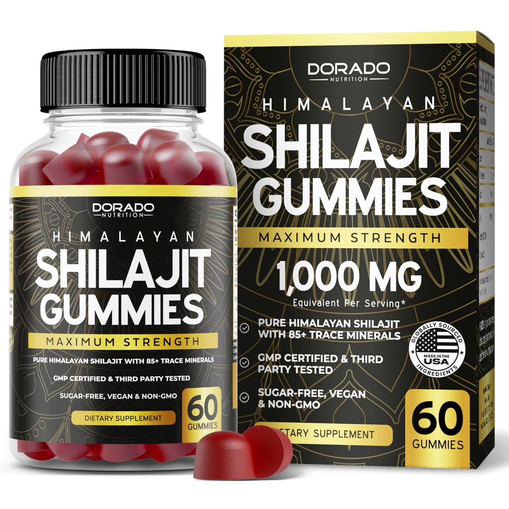 Shilajit Gummies For Menn og kvinner 1000mg (høy potens gullkvalitet med 85+ spormineraler med fulvic Acid) - Energi og immunitetsstøtte - tredjepart testet, ikke GMO, vegansk og laget i USA - (60 gummier)