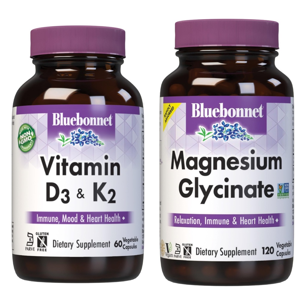 BlueBonnet Ernæring Vitamin D3 og K2 og magnesiumglycinat Grønnsaker Kapsler Bundle