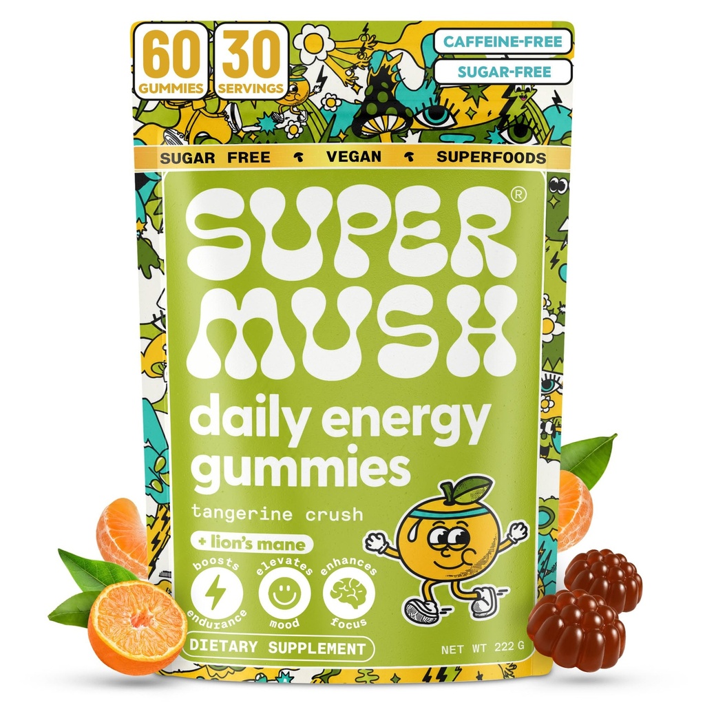 Energi Mushroom Gummies - Organic Lions Mane Supplement med Cordyceps, Rhodiola, L-Theanine, Maca - Vegansk & Sukkerfri - Energi, Fokus, Stamina, Stress Reduksjon - 60 Gummies (30 Serveringer)