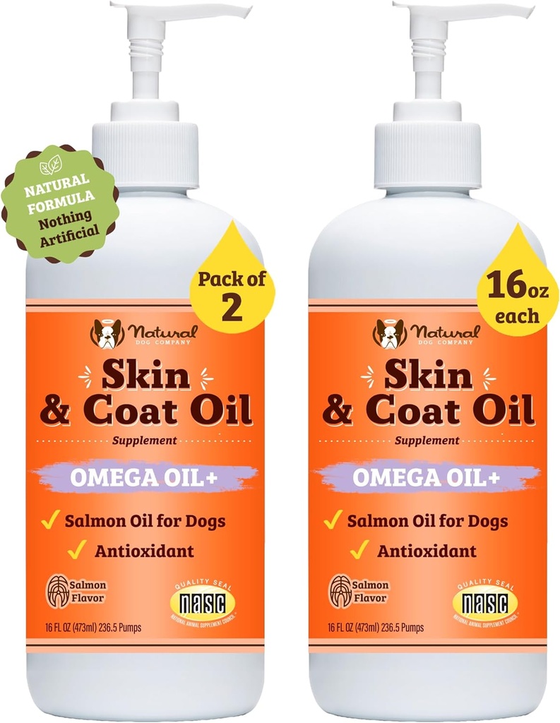Naturlig hund selskap 2 pakke - 16 oz. Hud og Coat olje, støtter hud helse, fiskeolje kosttilskudd for hunder, fettsyrer, antioksidant, for flerhundsfamilier, store avlhunder, 32 oz. Verdi