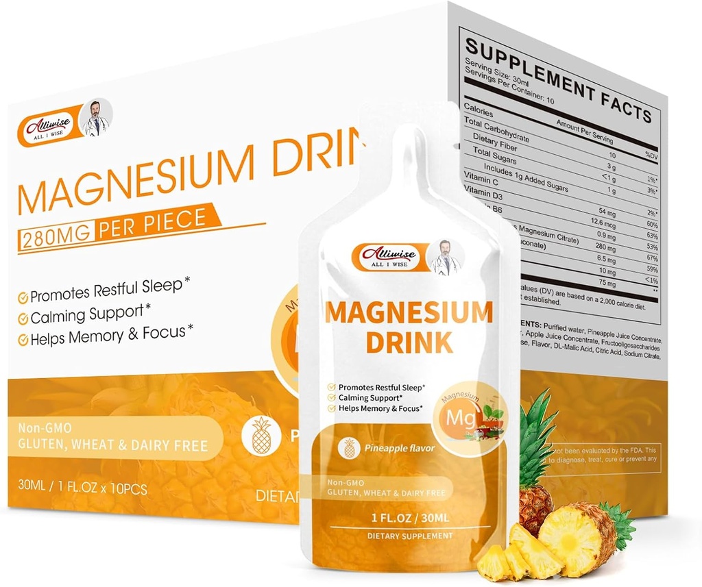 Magnesium Citrat flytende magnesium Drikk Oral løsning med vitamin, sink og natrium Bromelain, essensielt magnesium Supplement støtte immunologisk, bein helse og zzz, Pineapple Flavor, 10 Fl Oz