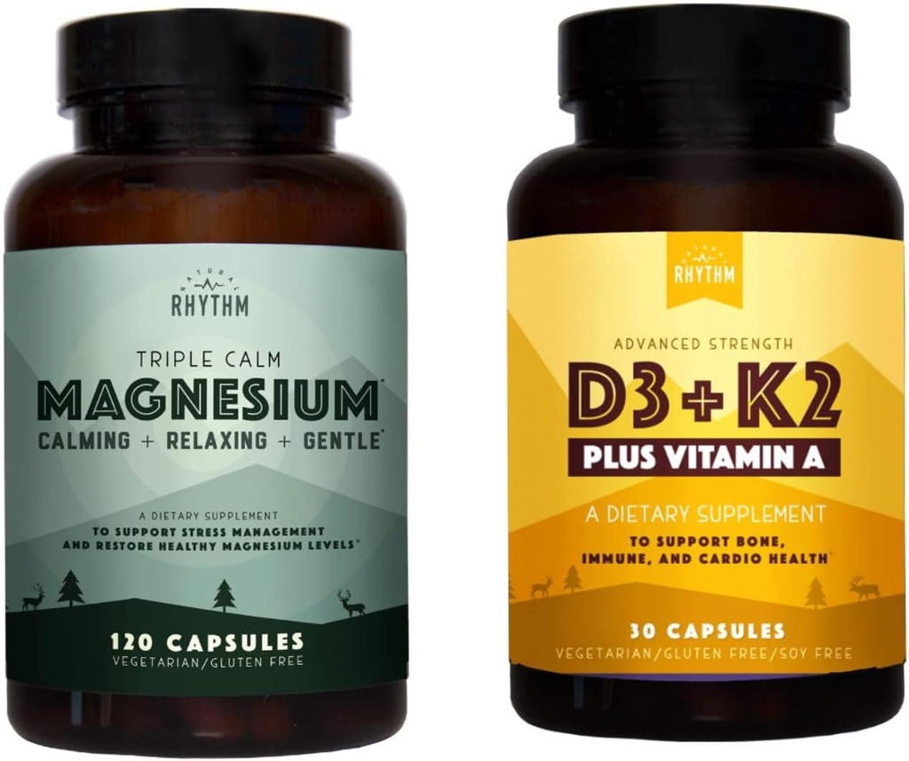 Naturlig Rhythm Triple Calm Magnesium 150 mg - 120 kapsler - Magnesium kompleks forbindelse Supplement W / Naturlig Rhythm Vitamin D3 + K2 (MK7) Plus vitamin A, for bein, hjerte, og immun helse, 30 kapsler