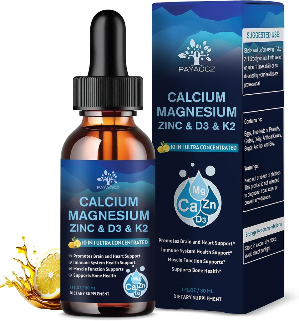 (4 pakke) 10 i 1 kalsium Magnesium Sink Supplement, Magnesium Glycinat Kompleks flytende dråper med vitamin D3 K2 B6, Vegansk kalsium Citrat Bone & Immune Helse Støtte, Søvn & Kramper, Bor, 1 Fl Oz