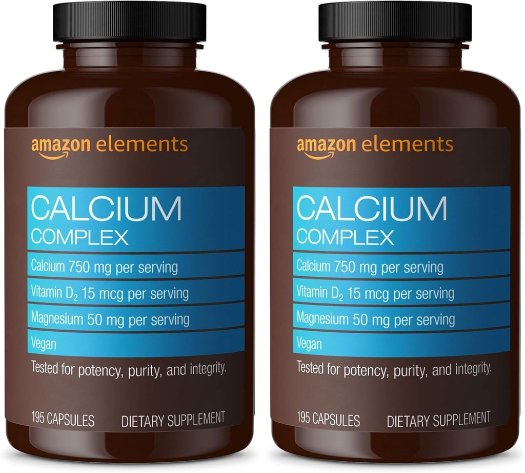 Elementer Kalsiumkompleks med vitamin D, 250 mg kalsium (3 pr. servering), vegansk, 195 kapsler (Packing May Vary), støtter sterke bein og immunhelse (Pack of 2)