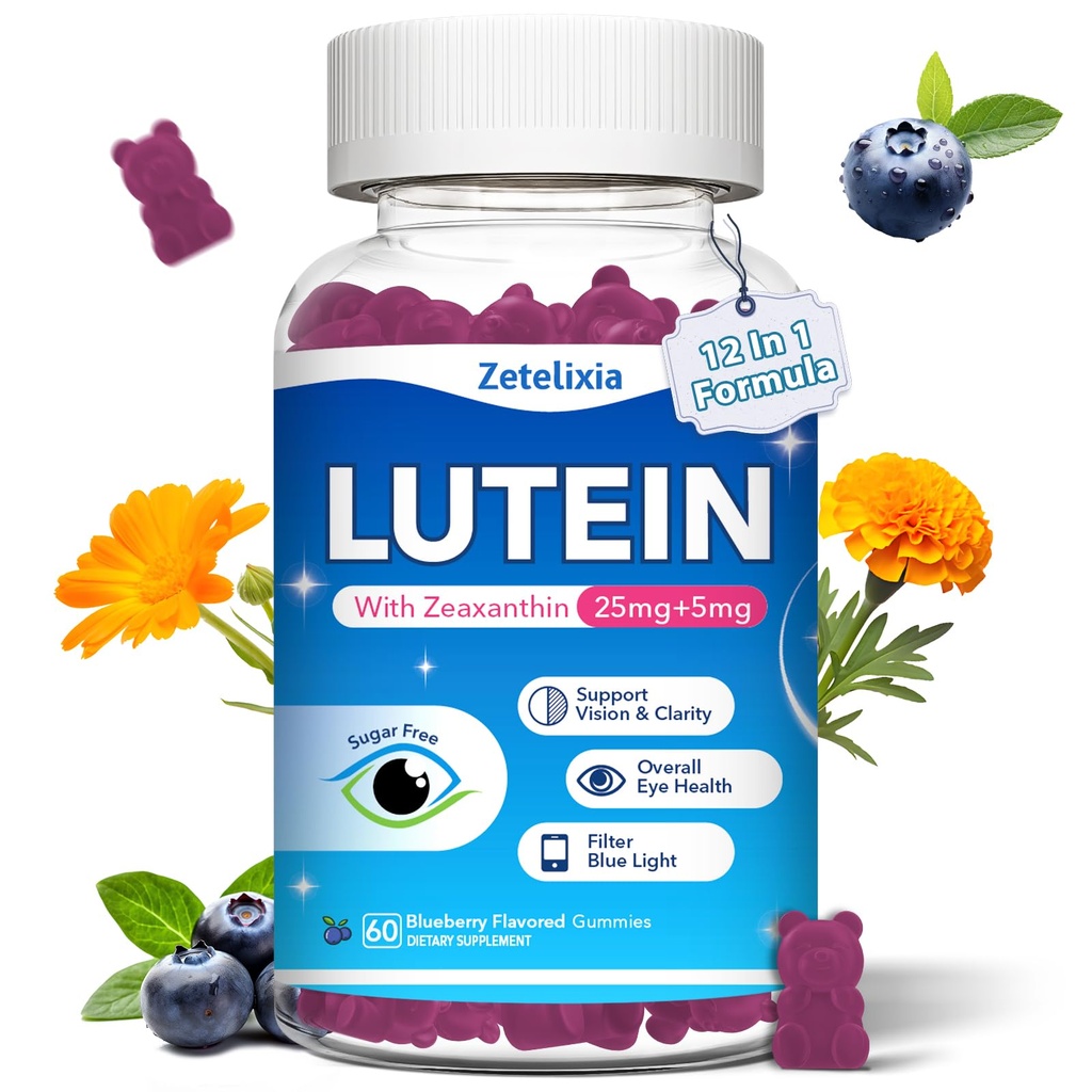 Lutein Gummies, 12 i 1 Lutein og Zeaxanthin Kosttilskudd Øyevitaminer Gummies for voksne, Eye Health Supplement med flere vitaminer for å fremme øye og visjon - 60 Gummies