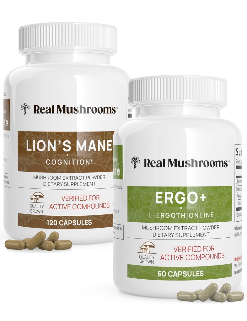 Ergothioneine (60ct) og Lions Mane (120ct) Bundle med sjitake og Oyster Mushroom Extracts - Langvarighet og Kognisjon - Vegansk, Glutenfri, Ikke-GMO