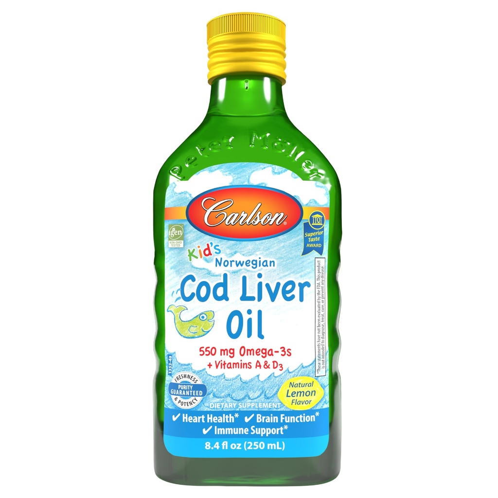 Carlson - Kid's Cod Liver Oil, 550 mg Omega-3s, vitaminer A & D3, Wild Norwegian, Lemon, 250 ml