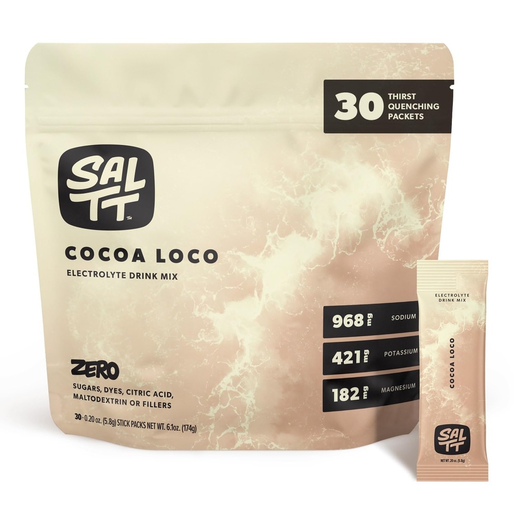 SALTT Electrolytes Powder Flavored Drink Mix - Cocoa Loco - 30 Hydration Packets - Magnesium, Kalium, Natrium, Trace Minerals - Null sukker og glutenfri - Reise Essentials