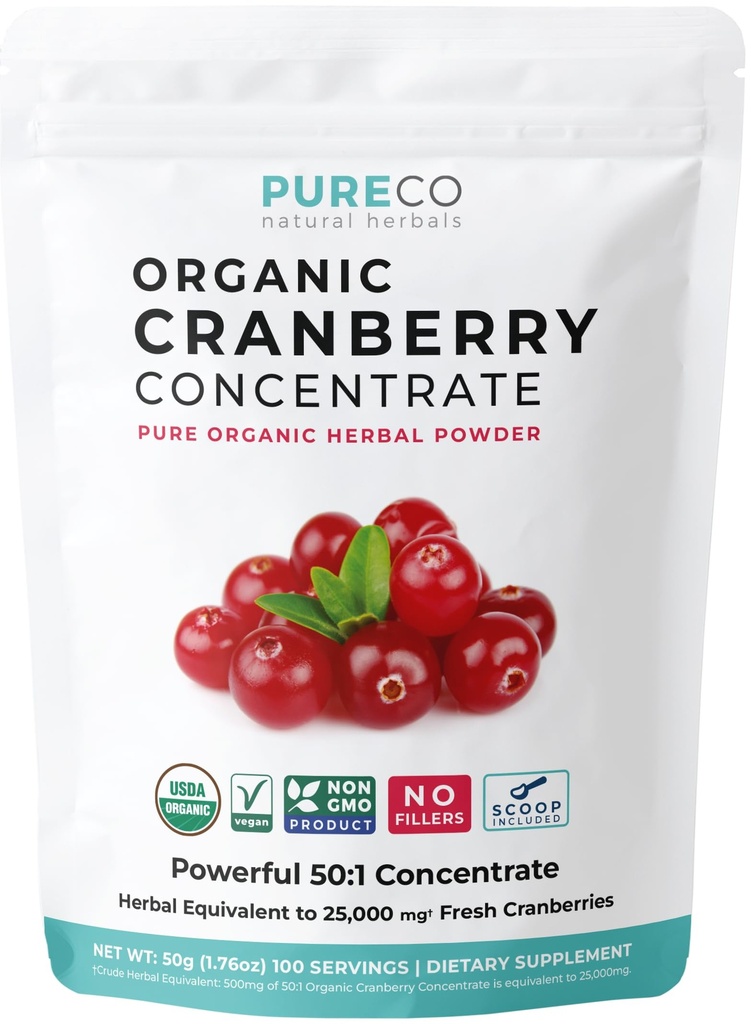 USDA Organic Cranberry Concentrate (50:1) pulver - 500 mg er tilsvarende 25 000mg ferske tranebær - for nynorsk rensing & UTI støtte vitaminer - kvinner - Supplement - 100 Serveringer - Ingen piller