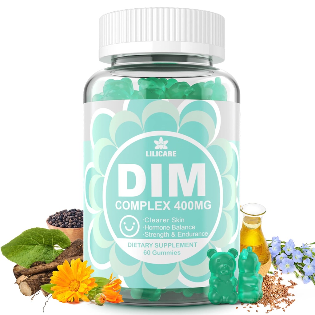 DIM Supplement kvinner 400mg, Estrogen Supplement for kvinner, sukker gratis DIM Gummier for menn og kvinner w/ Biotin, Flaksfrøolje, Burdock, Calendula, BioPerine for hormonbalanse, Menopause og prostate 60Cts