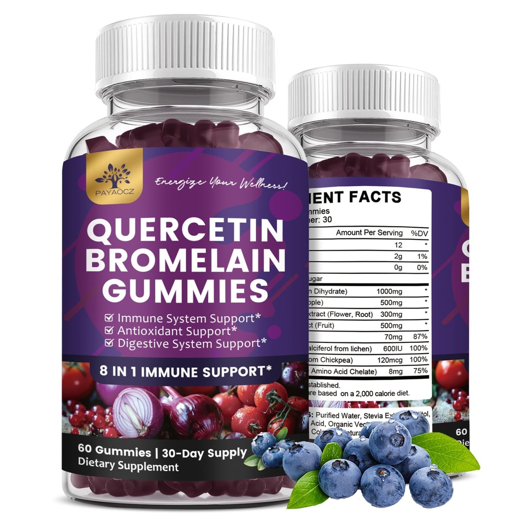 (2 Pakke) Quercetin Gummies med Bromelain Sink Elderberry Vitamin C D3 K2, Quercetin 1000mg Supplement med Bromelain 500mg for kardiovaskulær, immunsystem og allergi, Vegan Gummy for voksen og barn