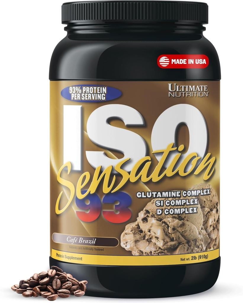 Ultimate Nutrition Whey Protein Isoler pulver med glutaminkompleks, ISO Sensasjon 93 - Whey Protein pulver med tilsatt kolostrum for forbedret gjenoppretting, immunitet og Gut helse - Cafe Brasil, 2lbs