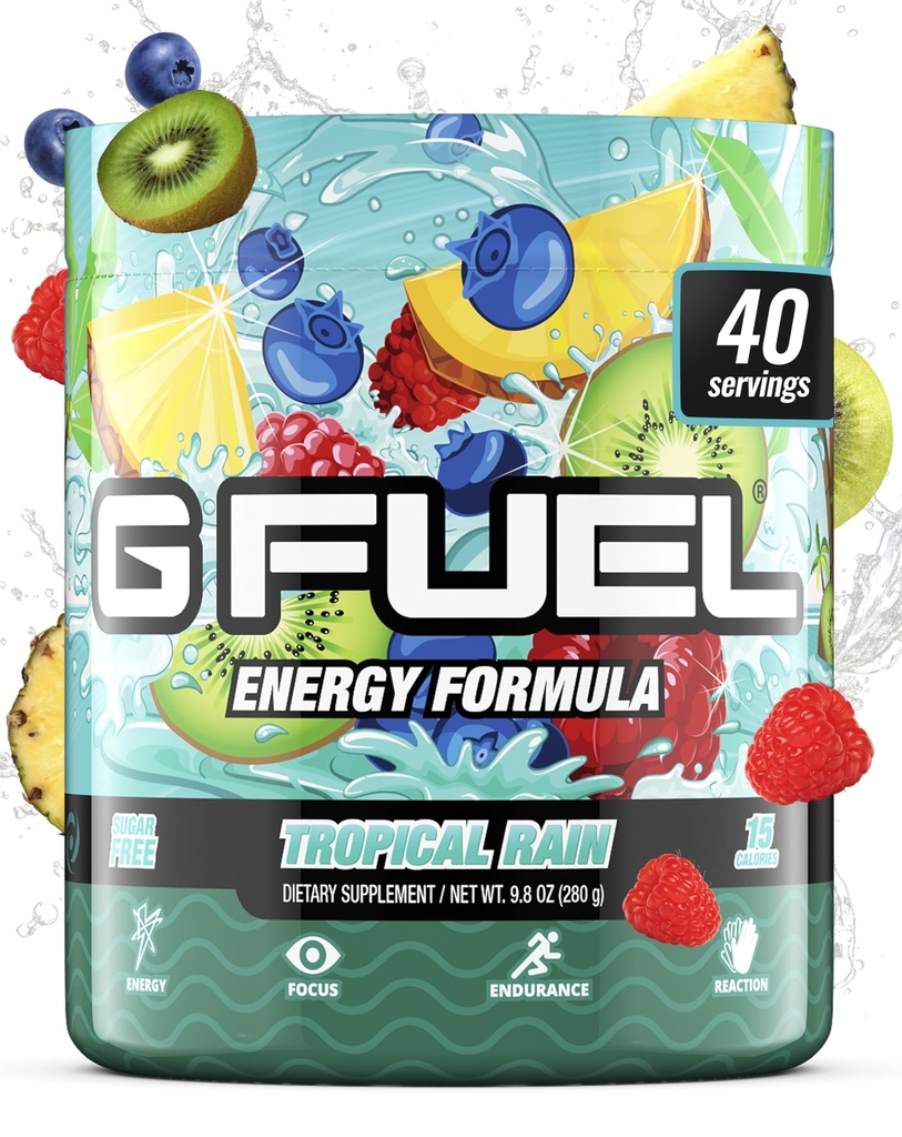 G Drivstof Tropisk Regn Energi Drikkepulver, Pre Workout Koffein Mix for spill, Sukkerfri fokus Amino, Vitamin + Antioksidanter, 9,8oz (Fruit Medley, 40 Serveringer)