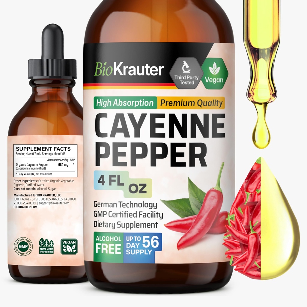 BIO KRAUTER Cayenne Pepper ekstrakt flytende - ren Capsaicin ekstrakt - flytende Cayenne Pepper dråper for Digestive støtte - sukker og alkohol gratis 4 Fl.Oz.