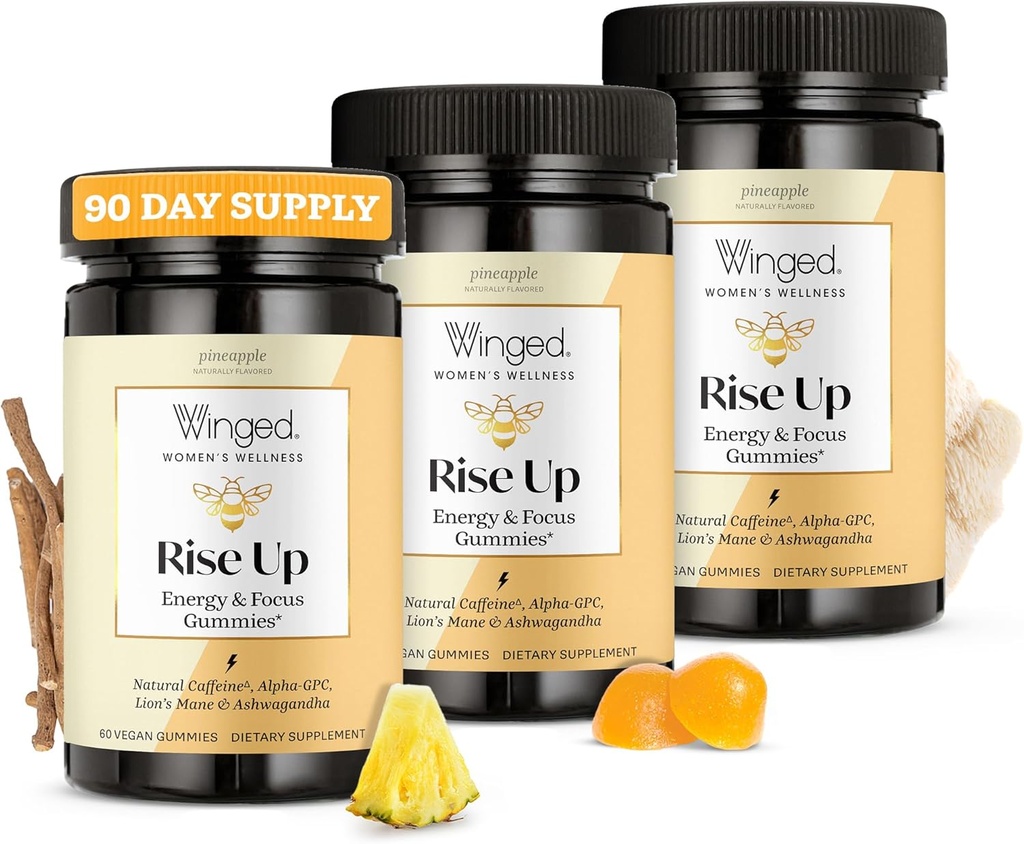 Winged wellness stige opp, energi & fokus Gummies for kvinner - daglig hjerne Boost Gummy Supplement med naturlig koffein, Ashwagandha, B12, Nootropics Alpha-GPC & Lions Mane - Pineapple, 180 Gummies