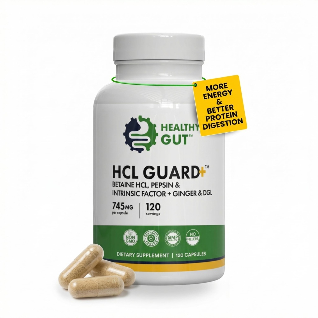 Sunn Gut HCL Guard + | fremmer sunn digestiv funksjon | Betain Hydrochloride, organisk Ginger Root, DGL og Pepsin | 60 Serveringer