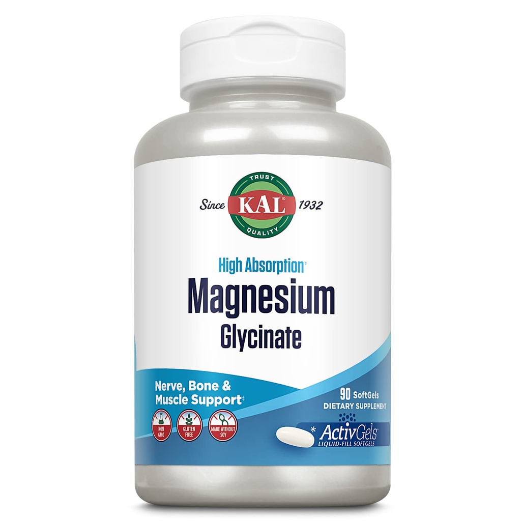 KAL Magnesium Glycinate ActivGels 315mg, høy absorpsjon Magnesium Supplement for muskel, nerve og bein helse støtte, ikke-GMO, Glutenfri, 30 Services, 90 Softgels
