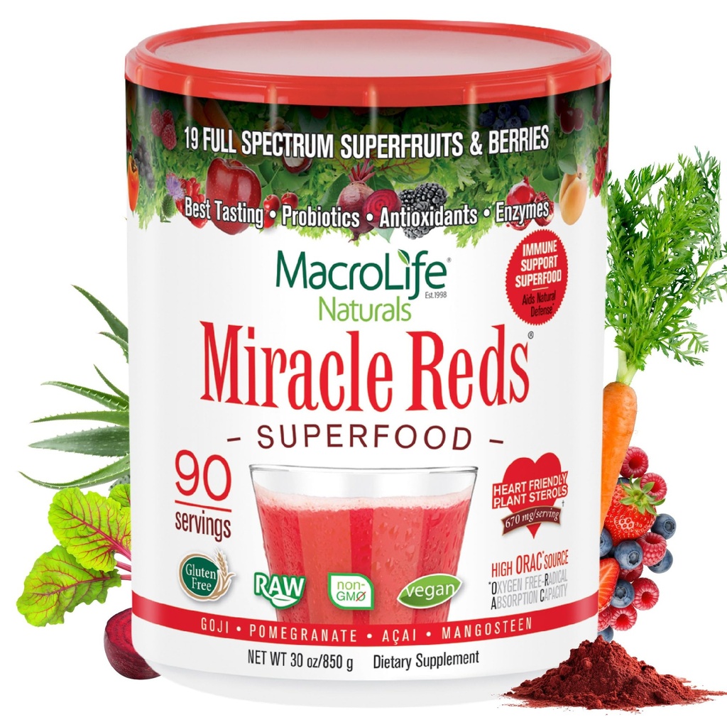 MakroLife Naturals Miracle Reds Superfood Supplement pulver Antioksidanter Polyfenoler Enzymes Probiotika - Rå Ikke-GMO Organic Vegan Gluten & Dairy Gratis - 30oz (90 Serveringer) 30oz