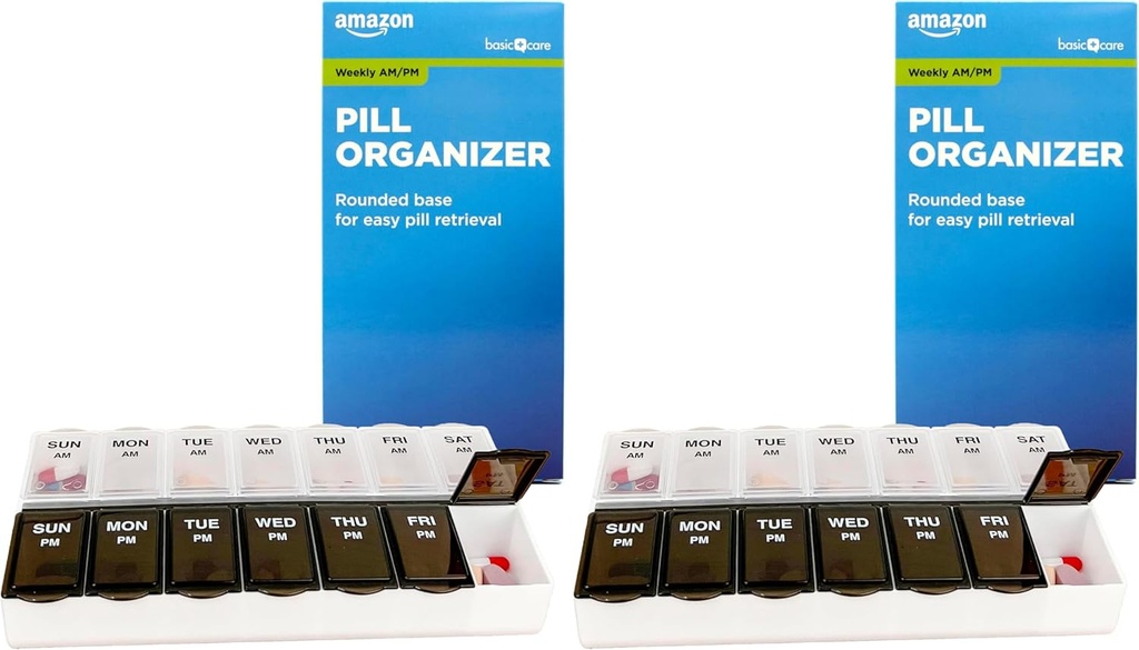 Basic Care (7-dager) AM/PM Pill Organizer, Vitamin Case, og medisin boks, store sammenlikninger, 2 ganger om dagen, svart og klart Lids (Pack of 2)