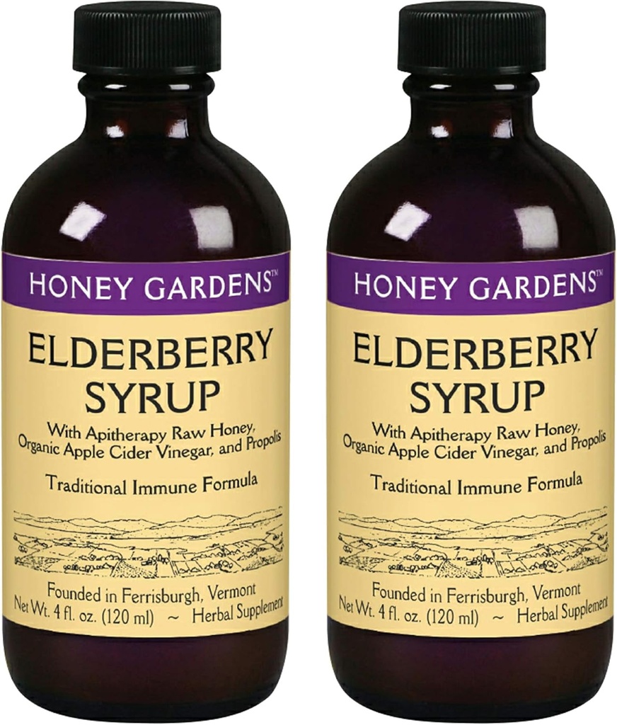 Honninghager Elderbær Syrup med Grade A Raw Honning, Propolis, Organic ACV & Elderberries | Tradisjonell Immune Formula w/Echinacea | Laget i USA (4oz, 2pk)
