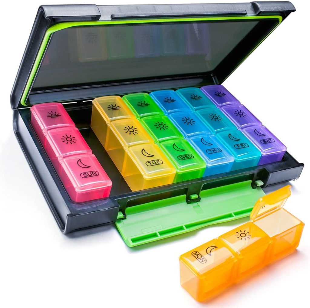 Weekly Pill Organizer, 7 dagers pilleboks (3-timers-A-dag) Bærbar for reise med Moisture-Proof Design piller tilfelle til piller / Vitamin / Fish Oil / Supplements