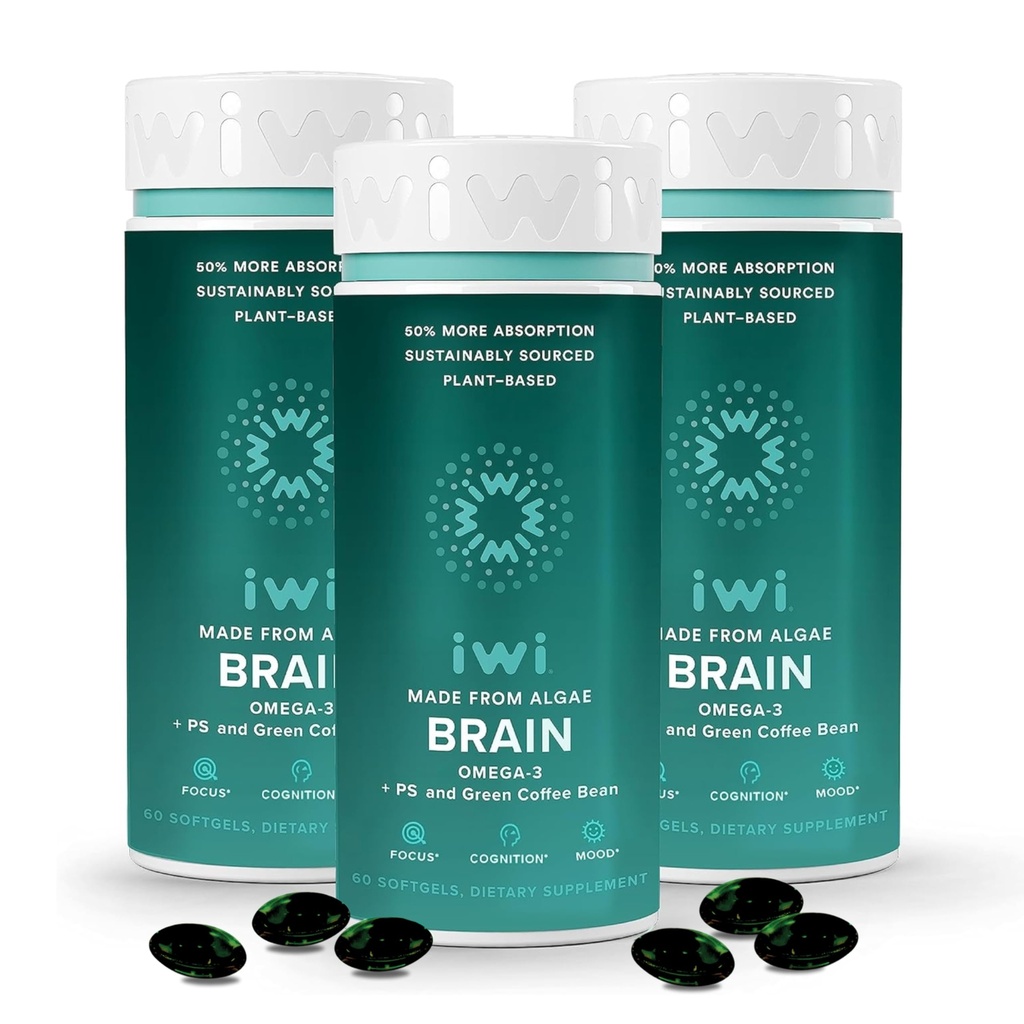 iwi liv Hjernen Omega-3, 180 Softgels (90 Serveringer), Vegansk Plant-basert Algae Omega-3 med EPA + DHA, Fokus, Minne og Mood Support Diett Supplement, Krill & Fish Oil Alternative, Ingen Fiskelig Afterstaste