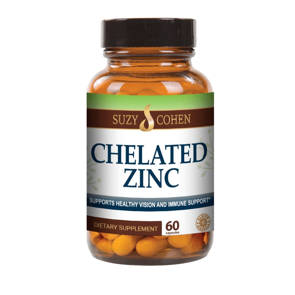 Suzy Cohen Chelated Sink Supplements - 60 kapsler Gentle på magen - sink er for sunn cellevekst og DNA-formasjon - støtter sunn immunfunksjon og hud helse