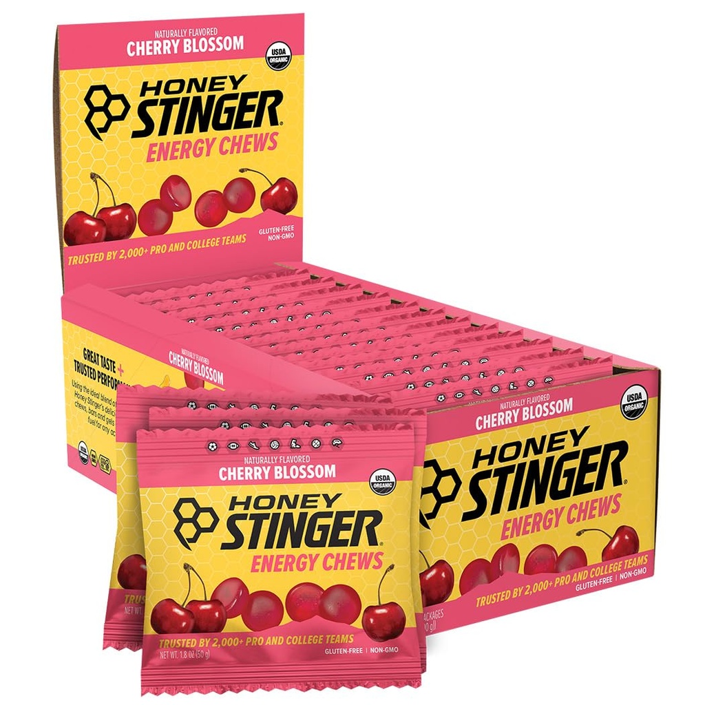 Honning Stinger Organic Cherry Blossom Energi Chew, Glutenfri og koffeinfri, for øvelse, løping og ytelse, Sportsnæring for hjem og gym, Før og midt trening, 12 Pack, 21.6 Ounce