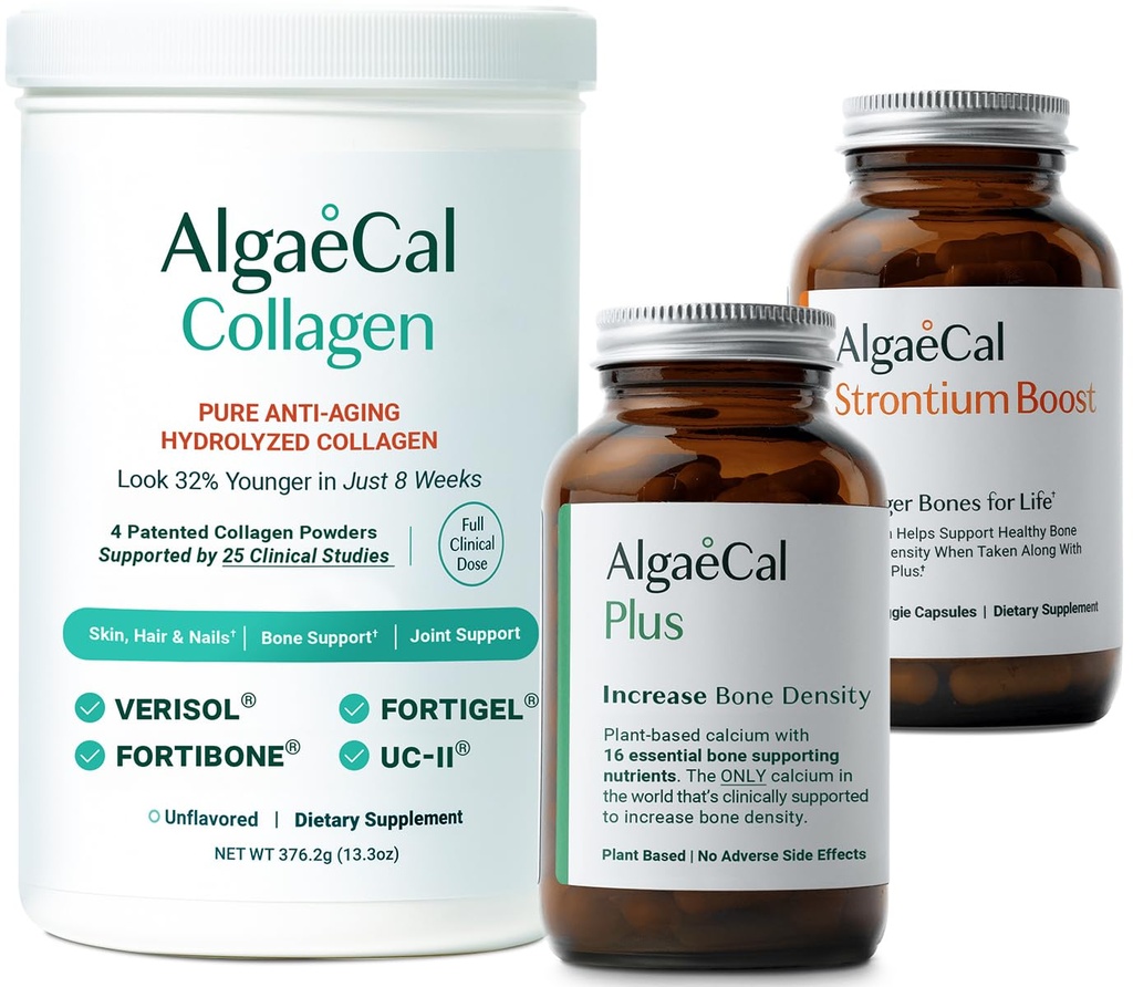 ALGAECAL Bone Builder & Collage Bundle – klinisk støttet kollagen med Verisol, Fortibone, Fortigel + Plantebasert kalsium, Strontium, D3, K2, Magnesium og 16 Næringsstoffer for skjønnhet og bein helse
