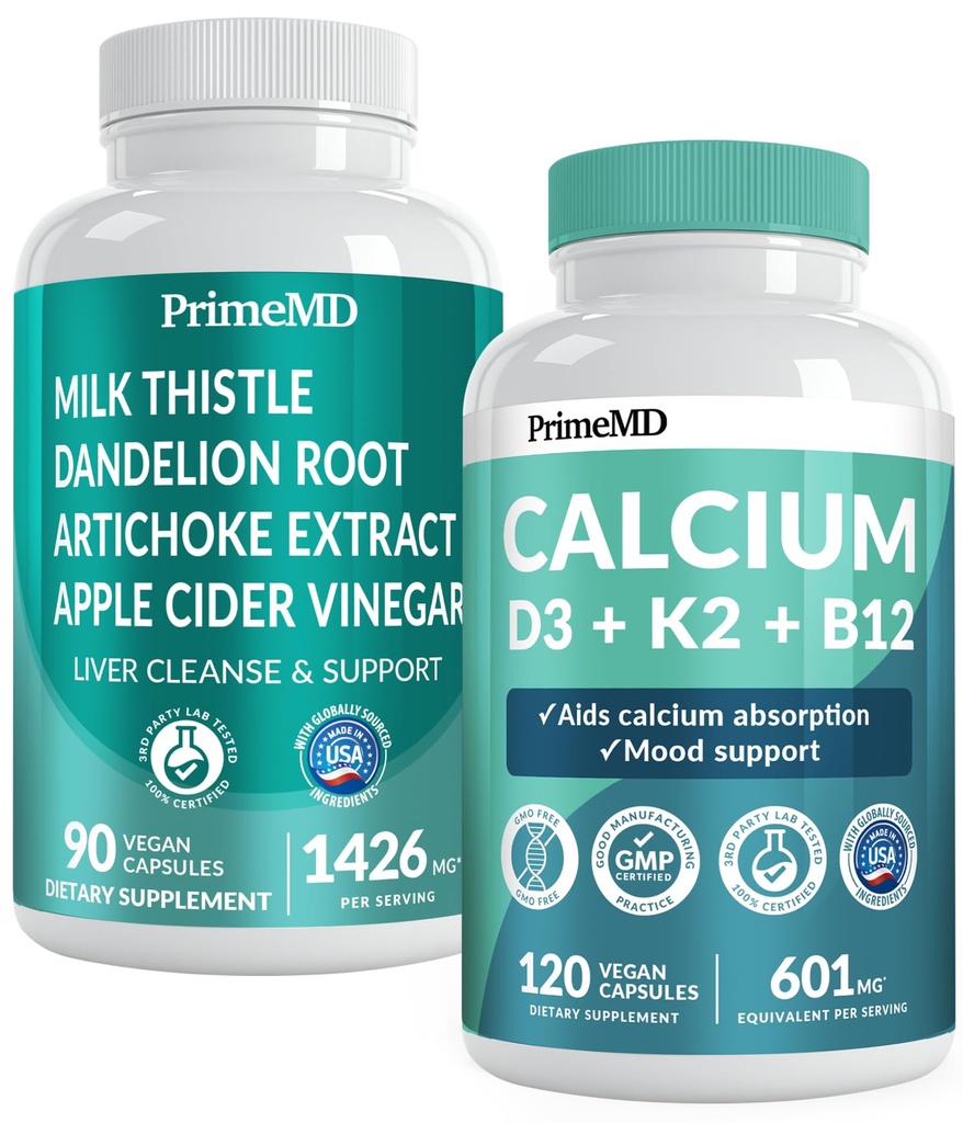 Kalsium D3 K2 B12 (1pk) og leverstøtte (1pk) Supplement Bundle - Potent Vitaminer for bein, hjerte, leverfunksjon, og immunstøtte - Ikke-GMO, Vegan, Glutenfri