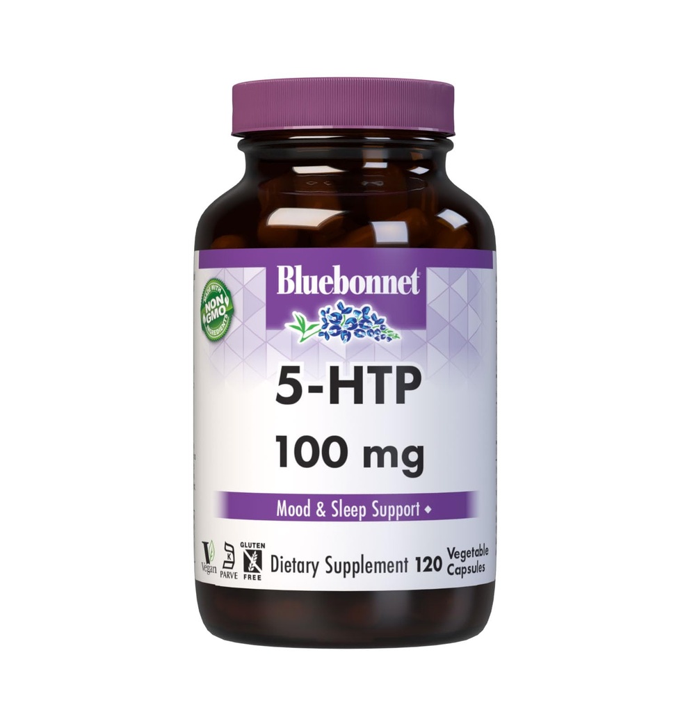 Blåbonnet Ernæring 5-HTP(Hydrypophan) 100mg, for nevrotransmitter støtte*, støtter positiv humør*, soya-fri, glutenfri, ikke-GMO, Kosher Certified, Vegan, Hvit,120 Grønnsaker Kapsel