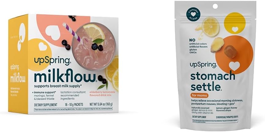 UpSpring Mage Stativ Drops, Honning Flavour, 28 Ct+Milkflow Brystmat Supplement Drink Blande med Moringa & Velsignet Thistle, Ingen Fenugreek