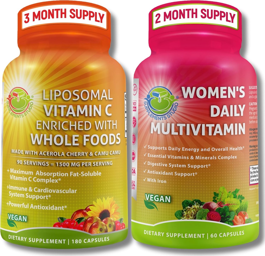 Antioksidant og immunitetsstøtte Bundle - Liposomal Vitamin C 1500mg med organisk Acerola Cherry & Camu Camu + kvinners daglige multivitamin med jern, supermat, probiotika og enzymer - Vegansk, ikke-GMO