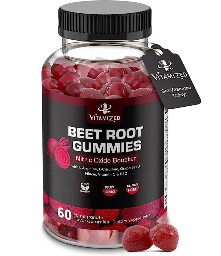 Beet Root Gummies - Super Nitric Oxid Beets Supplement - Rød Beetroot Hjerte Chews med Grape Seed Power & B12- Pomegranate Flavor, 60 Chewables Beets