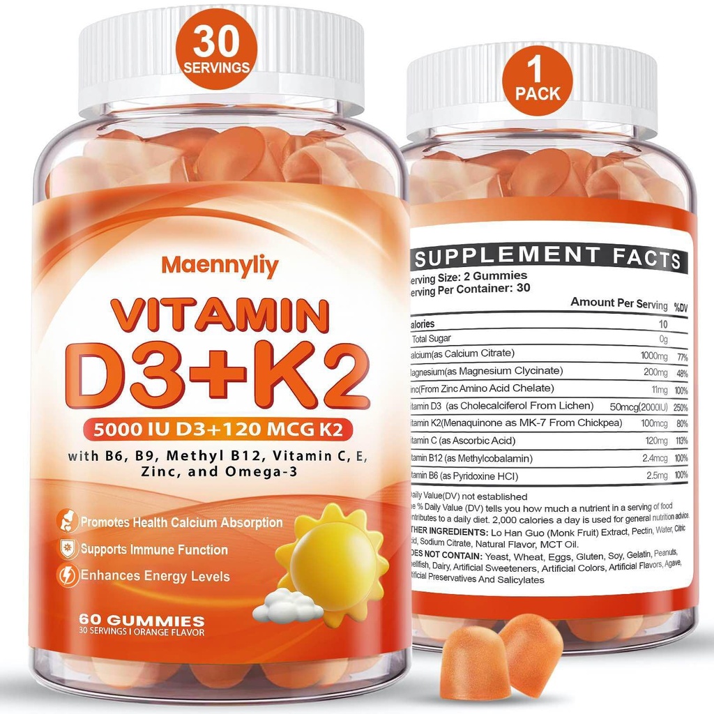 Vitamin D3 K2 Gummies for voksne - vitamin D3 5000IU + K2 (MK-7) 120mcg - sukkerfri D3 og K2 Kosttilskudd med Omega-3, Metyl B12, B9, B6, vitaminer E & Zink - for kalsiumabsorpsjon og immun helse