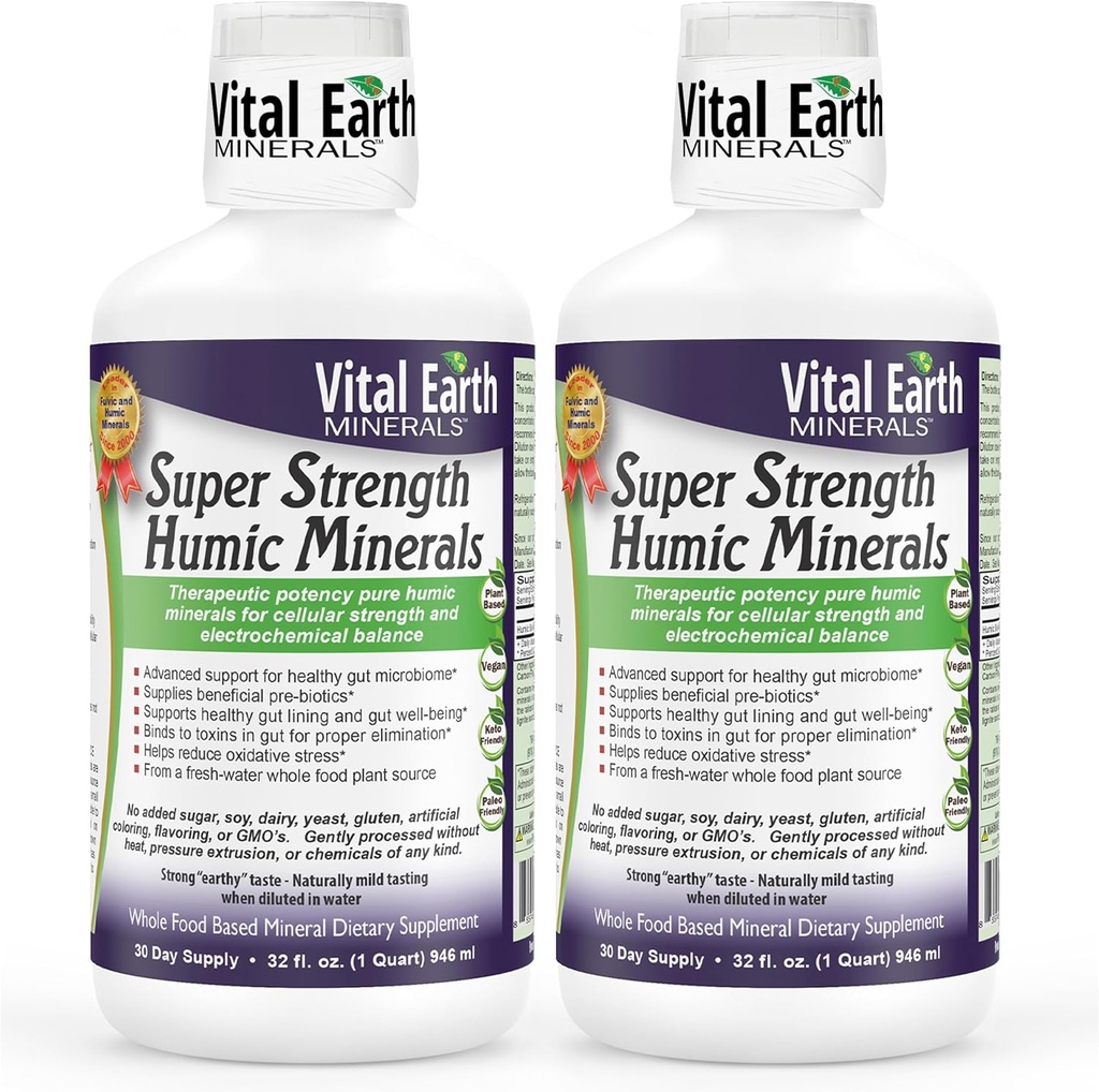 Vital Earth Minerals Super Styrke Humic Minerals 2-Pack - Fulvic Acid Supplement med 70+ Spor Minerals, Electrolytes for Detox & Digestion, 32 Oz Ea + 1 Oz Cup