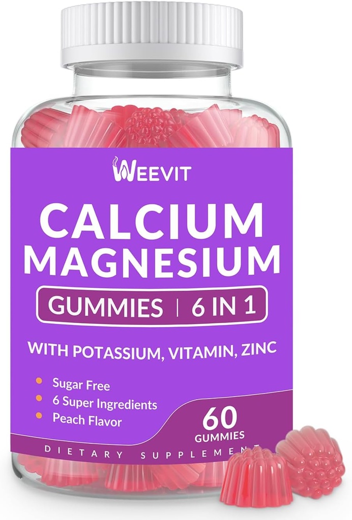 Sukkerfri kalsium Gummies Supplement 600 mg, kalsium Magnesium Sink Gummies med vitamin D3 K2, Kalium, høy absorpsjon CA Gummy for bein, tenner og muskler