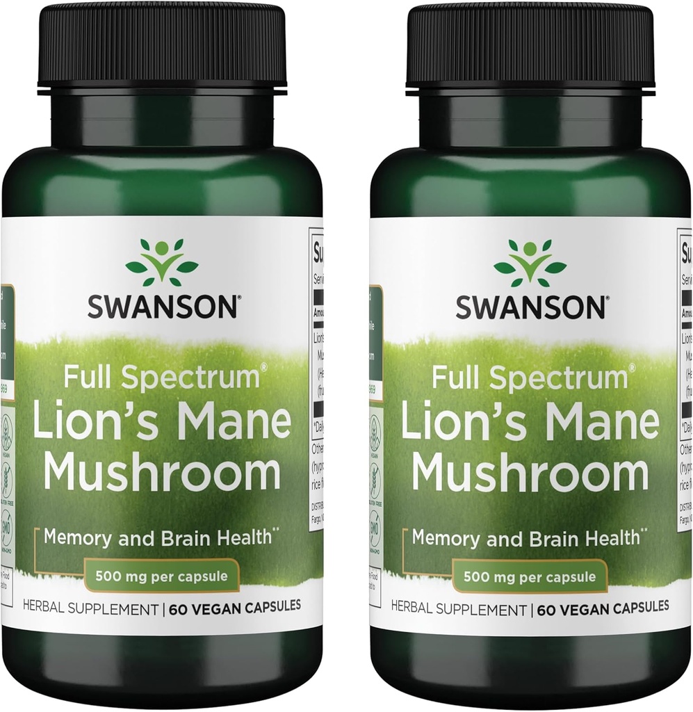 Swanson Full Spectrum Lions Mane Mushroom - Brain Health Supplement til støtte minne, fokus og klarhet * - kan også hjelpe immune, hjerte og digestiv helse - Glutenfri og ikke-GMO - 60 kapsler (2 pakke)