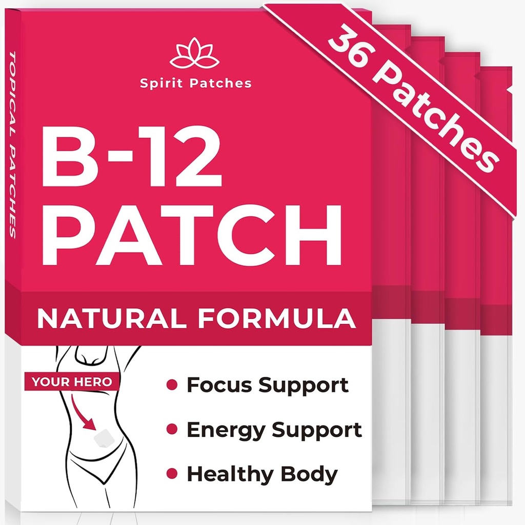 B12 Patches (Pack of 36) - 100% naturlige vitamin patches for kvinner, energi, fokus og kroppsstøtte, selvklebende gjennomsiktige patches - forbedret formel