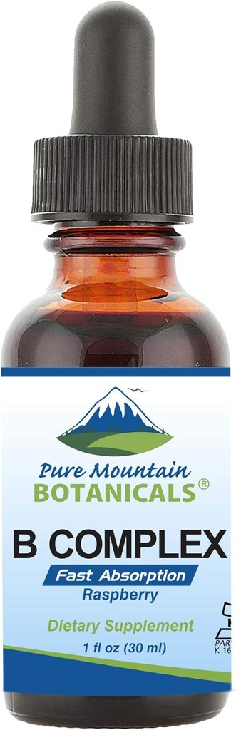 Pure Mountain Botanicals flytende vitamin B kompleks - bringebær flavor Kosher B kompleks vitamin med B12, B6, Thiamin, Biotin, Niacin - 1oz flaske