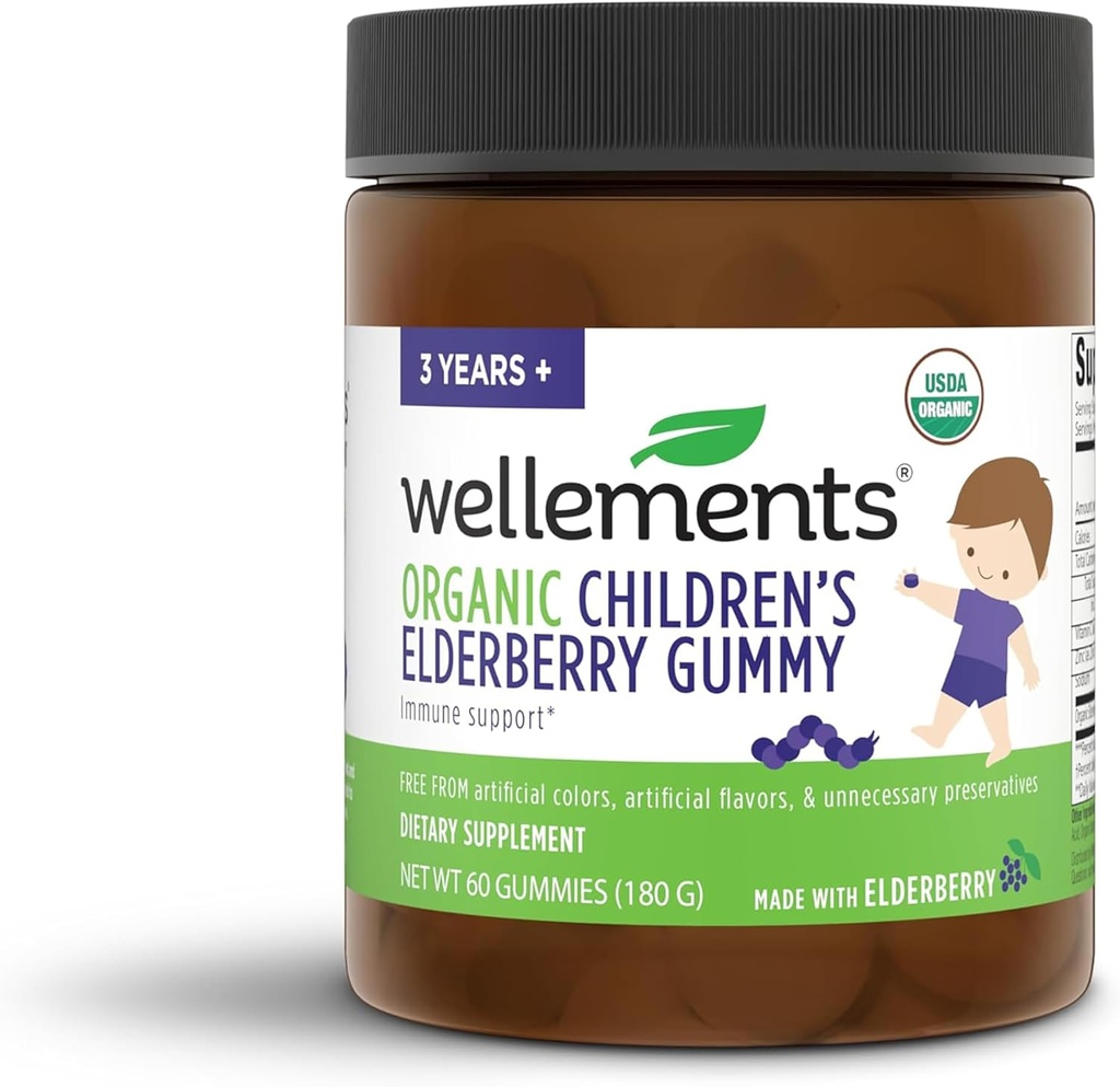 Velvære organiske barn eldbær gummy | daglige barn immun støtte gummier *, laget med vitamin C og sink, USDA sertifisert organisk, ingen kunstige farger | 2 år +, 60 greve