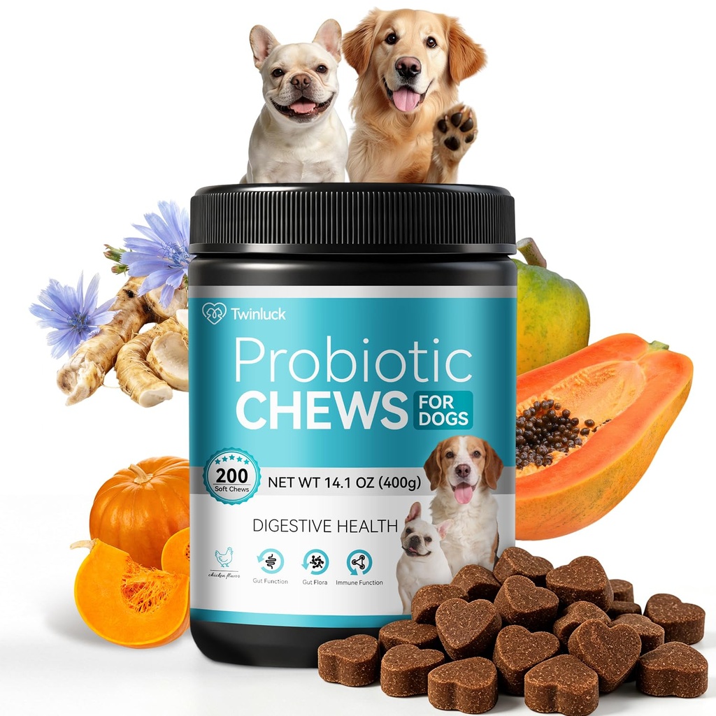 Probiotics for Dogs 200 Chews, Dog Probiotics for Digestive Health Digestive Enzymes and Prebiotic, for Dogs Support Gut Health, Relieve Diarrhea, Itchy Skin, Enhance Immunity