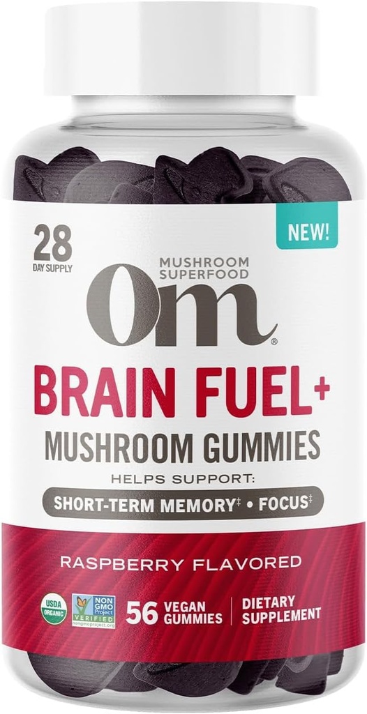 Om Mushroom Superfood Brain Drivstof + Gummies, 28 Serveringer, Bringebær Gummy Supplement med Lions Mane for minne og fokus