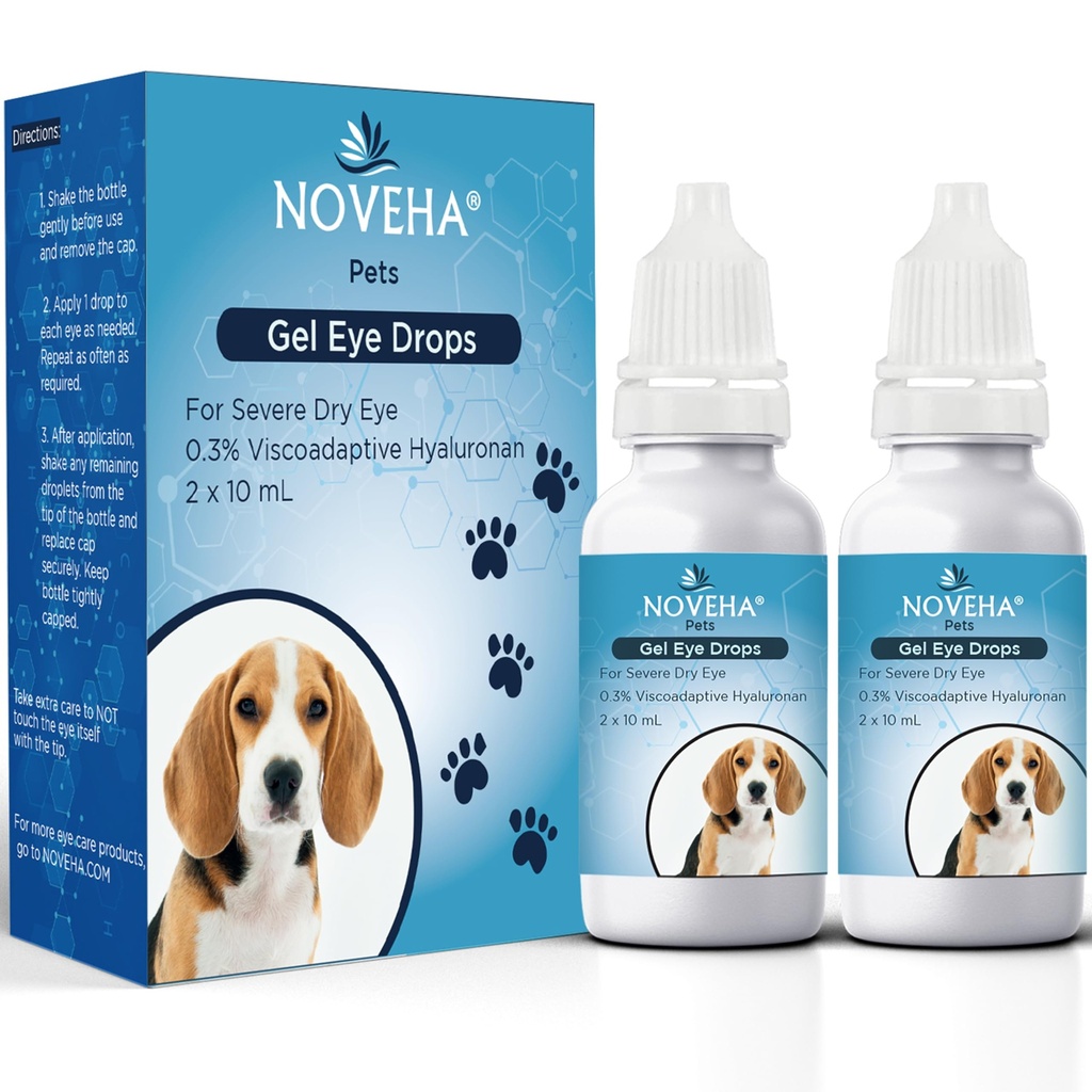 NOVEHA Pet Gel Eye Drops med 0,3% Viscoadaptive Hyaluronan | Øyeløsning for alvorlige tørre øyne - lang varighet Hydration, reduserer Nuisance, hevelse og tørrhet - Øye Lube for hunder og katter (2x10ml)