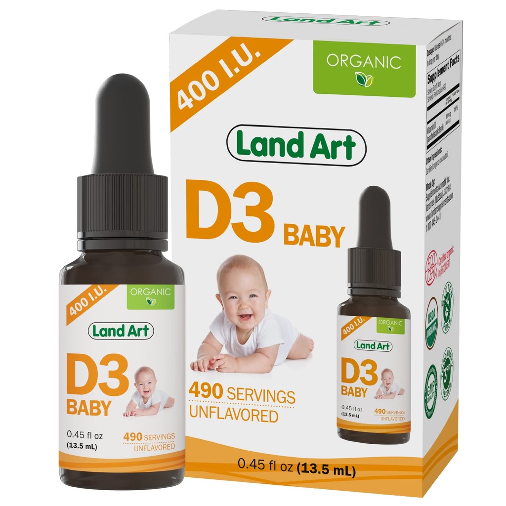 Landkunst - Certified Organic Vitamin D3 Drops Baby – 400 IU per Drop – 490 Serveringer – Støtter Bein og tannutvikling – D-vitamin D-dråper for spedbarn & barn – GMO-fri - Glutenfri – 0,45 fl oz