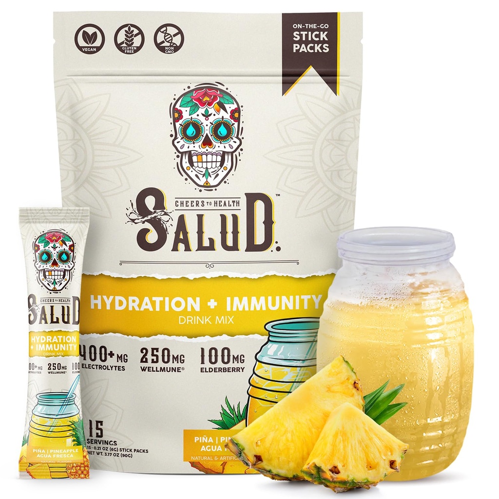 Salud 2-i-1 Hydration Packets + Immunity Electrolytes pulver, Pineapple - Agua Fresca Drink Mix, Elderberry, Dairy & Soy Free, Non-GMO, Glutenfri, Vegansk, Lav Calorie, 1g Sukker (15 Serveringer)