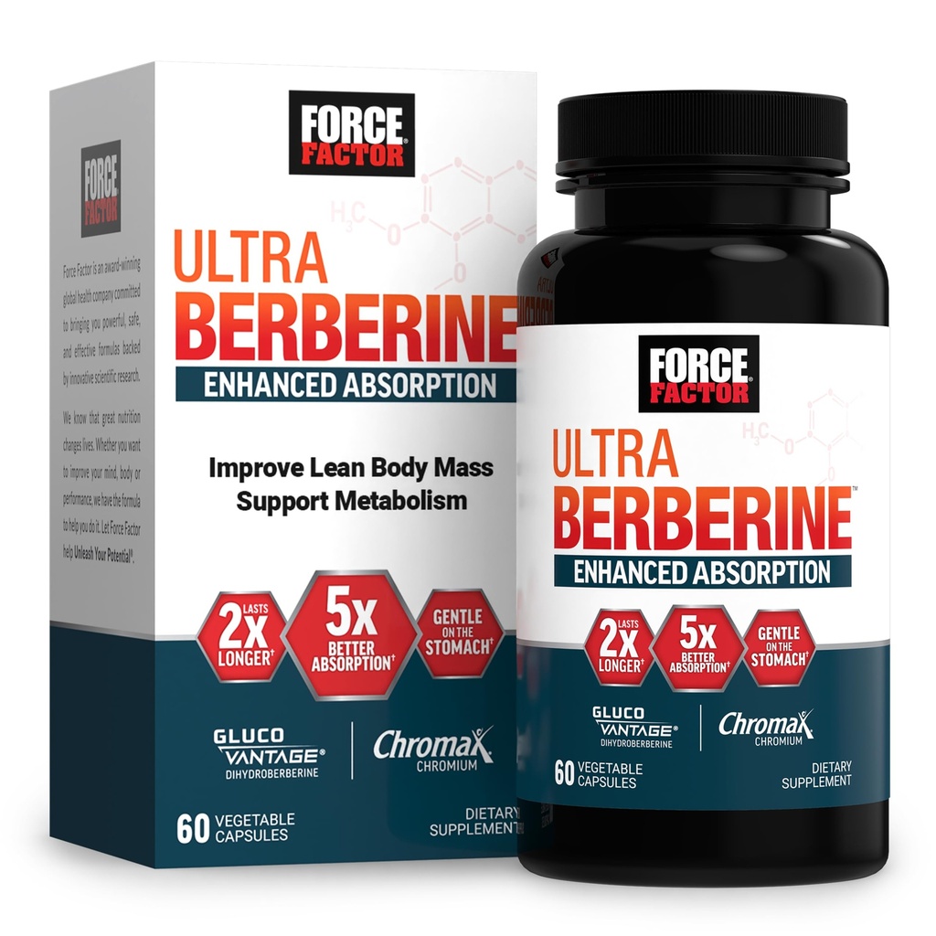 FORCE FACTOR Ultra Berberine forbedret absorpsjon, med ceylon kanel, dihydroberberin og kromium, 5X absorpsjon, 2X lengre varighet, fremme lean kroppen masse, 60 grønnsaker kapsler