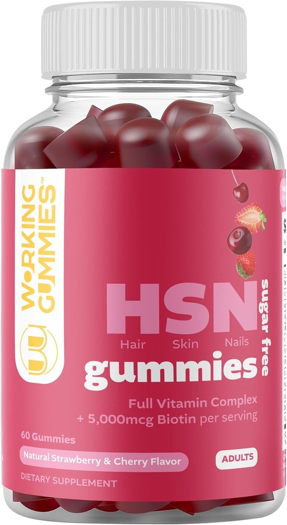HSN Gummies - Hårhud og negler Gummies - sukker gratis Biotin Gummies 5000mcg med full vitamin kompleks for hårvekst, sunn hud, negle styrke - 60 Ct Jordbær & Cherry Flavor